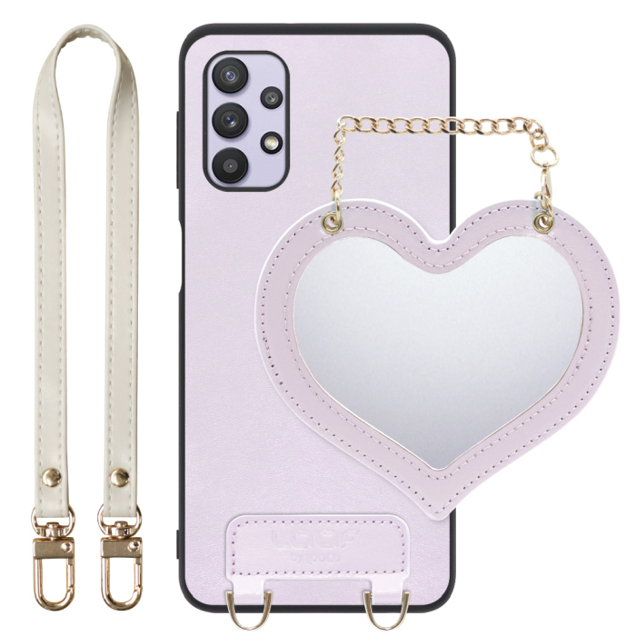 [ LOOF CHARM-SHELL Series ] Galaxy A32 5G SCG08 a325g スマホケース  ハートのミラーチャーム付き シンプル 背面カバー スマホケース ストラップ付 本革 [ Galaxy A32 5G ]