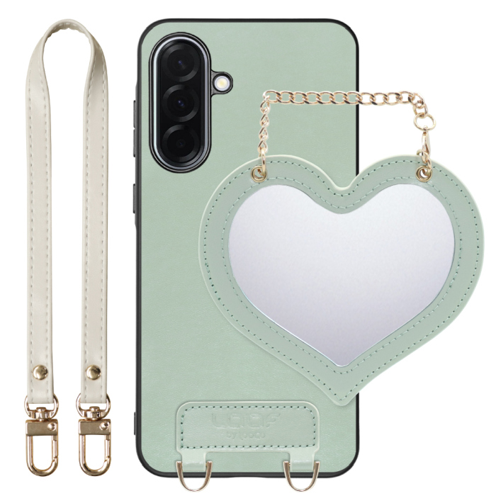 [ LOOF CHARM-SHELL Series ] Galaxy A36 5G SC-54F スマホケース  ハートのミラーチャーム付き シンプル 背面カバー スマホケース ストラップ付 本革 [ Galaxy A36 5G ]