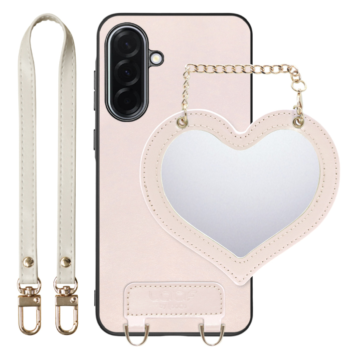 [ LOOF CHARM-SHELL Series ] Galaxy A36 5G SC-54F スマホケース  ハートのミラーチャーム付き シンプル 背面カバー スマホケース ストラップ付 本革 [ Galaxy A36 5G ]