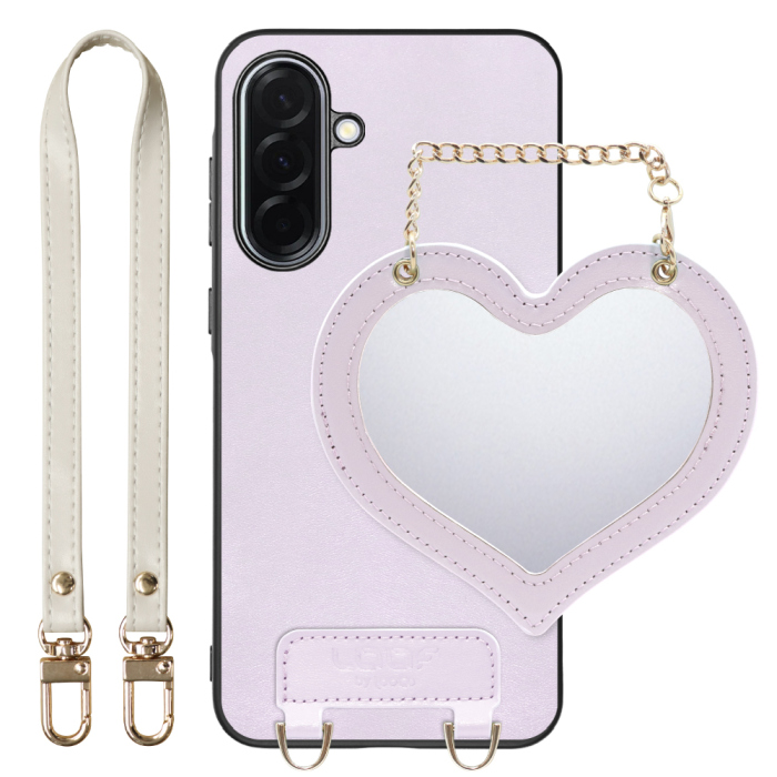 [ LOOF CHARM-SHELL Series ] Galaxy A36 5G SC-54F スマホケース  ハートのミラーチャーム付き シンプル 背面カバー スマホケース ストラップ付 本革 [ Galaxy A36 5G ]