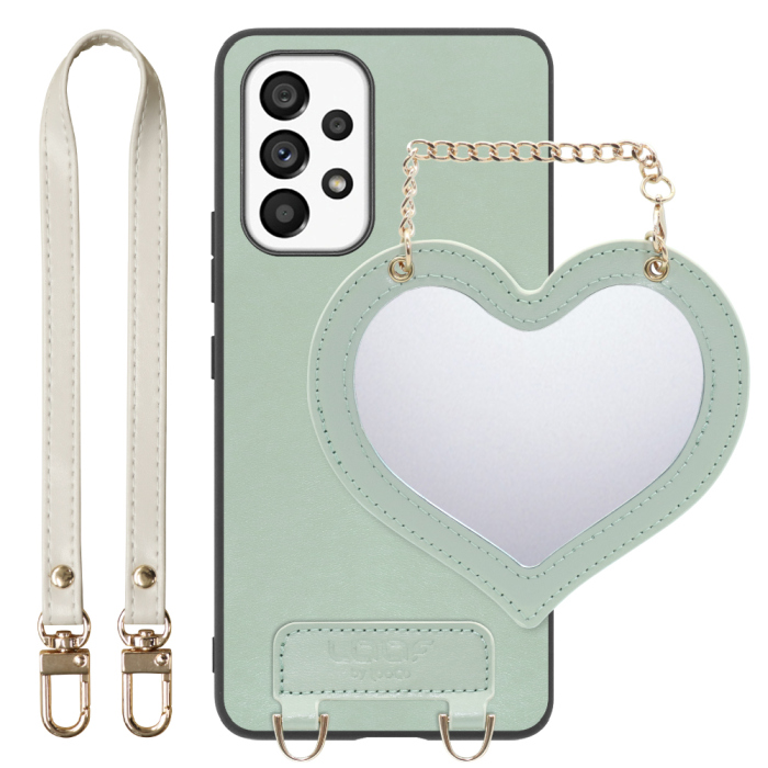 [ LOOF CHARM-SHELL Series ] Galaxy A53 5G SC-53C / SCG15 a535g スマホケース  ハートのミラーチャーム付き シンプル 背面カバー スマホケース ストラップ付 本革 [ Galaxy A53 5G ]
