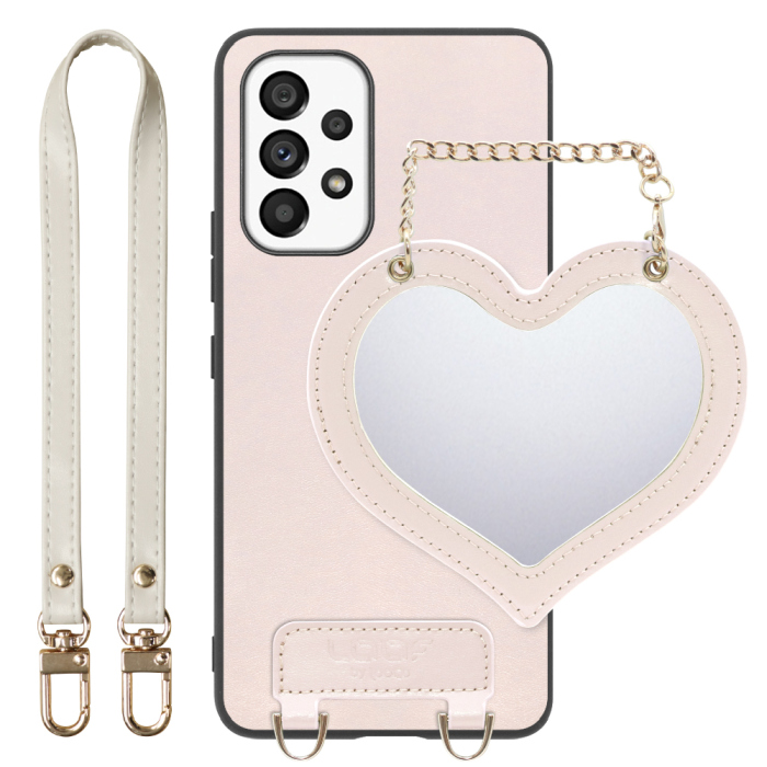 [ LOOF CHARM-SHELL Series ] Galaxy A53 5G SC-53C / SCG15 a535g スマホケース  ハートのミラーチャーム付き シンプル 背面カバー スマホケース ストラップ付 本革 [ Galaxy A53 5G ]