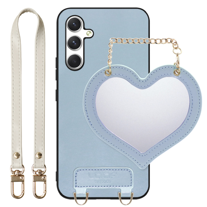 [ LOOF CHARM-SHELL Series ] Galaxy A54 5G  スマホケース  ハートのミラーチャーム付き シンプル 背面カバー スマホケース ストラップ付 本革 [ Galaxy A54 5G ]