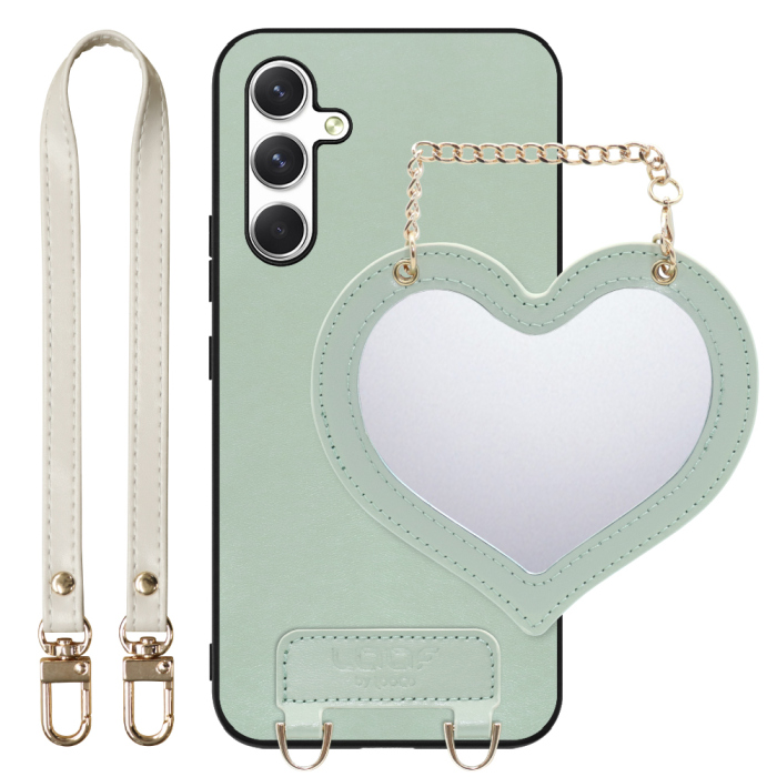 [ LOOF CHARM-SHELL Series ] Galaxy A54 5G  スマホケース  ハートのミラーチャーム付き シンプル 背面カバー スマホケース ストラップ付 本革 [ Galaxy A54 5G ]