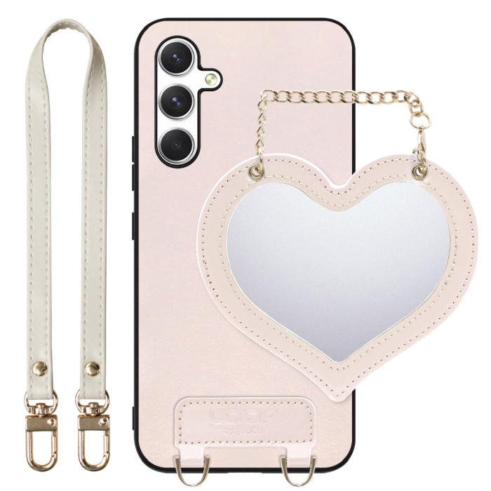 [ LOOF CHARM-SHELL Series ] Galaxy A54 5G  スマホケース  ハートのミラーチャーム付き シンプル 背面カバー スマホケース ストラップ付 本革 [ Galaxy A54 5G ]
