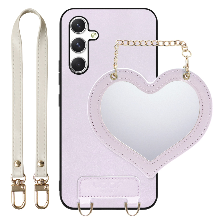 [ LOOF CHARM-SHELL Series ] Galaxy A54 5G  スマホケース  ハートのミラーチャーム付き シンプル 背面カバー スマホケース ストラップ付 本革 [ Galaxy A54 5G ]