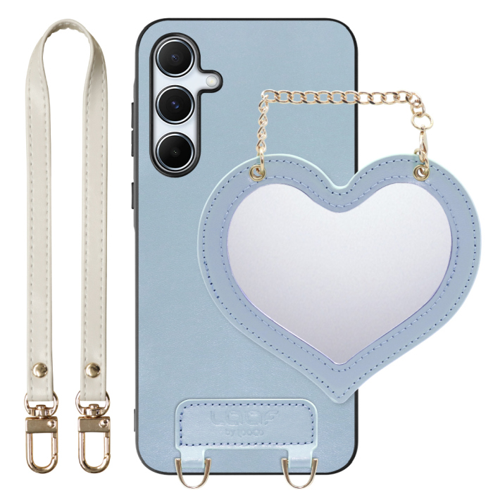 [ LOOF CHARM-SHELL Series ] Galaxy A55 5G  スマホケース  ハートのミラーチャーム付き シンプル 背面カバー スマホケース ストラップ付 本革 [ Galaxy A55 5G ]