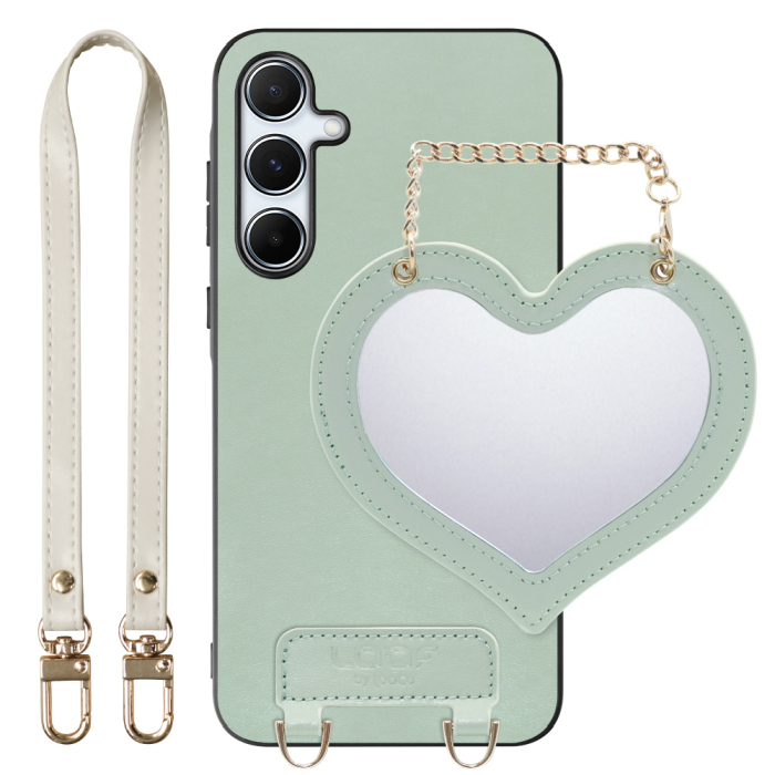 [ LOOF CHARM-SHELL Series ] Galaxy A55 5G  スマホケース  ハートのミラーチャーム付き シンプル 背面カバー スマホケース ストラップ付 本革 [ Galaxy A55 5G ]