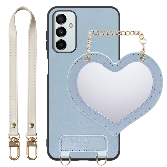 [ LOOF CHARM-SHELL Series ] Galaxy M23 5G m235g スマホケース  ハートのミラーチャーム付き シンプル 背面カバー スマホケース ストラップ付 本革 [ Galaxy M23 5G ]