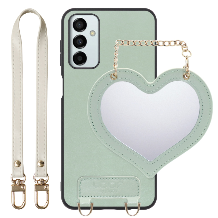 [ LOOF CHARM-SHELL Series ] Galaxy M23 5G m235g スマホケース  ハートのミラーチャーム付き シンプル 背面カバー スマホケース ストラップ付 本革 [ Galaxy M23 5G ]