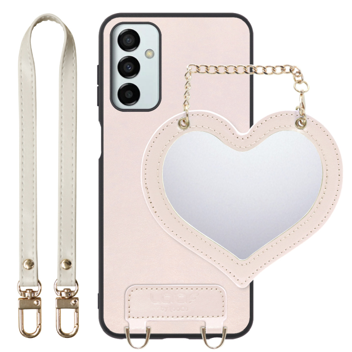[ LOOF CHARM-SHELL Series ] Galaxy M23 5G m235g スマホケース  ハートのミラーチャーム付き シンプル 背面カバー スマホケース ストラップ付 本革 [ Galaxy M23 5G ]