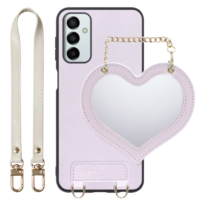 [ LOOF CHARM-SHELL Series ] Galaxy M23 5G m235g スマホケース  ハートのミラーチャーム付き シンプル 背面カバー スマホケース ストラップ付 本革 [ Galaxy M23 5G ]