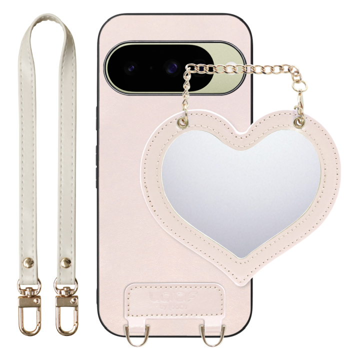 [ LOOF CHARM-SHELL Series ] Google Pixel 10 / 10 Pro Google Pixel10 Pixel10pro ピクセル10 ピクセル10プロ スマホケース  ハートのミラーチャーム付き シンプル 背面カバー スマホケース ストラップ付 本革 [ Google Pixel 10 / 10 Pro ]