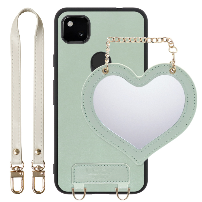 [ LOOF CHARM-SHELL Series ] Google Pixel 4a pixel4a googlepixel4a スマホケース  ハートのミラーチャーム付き シンプル 背面カバー スマホケース ストラップ付 本革 [ Google Pixel 4a ]