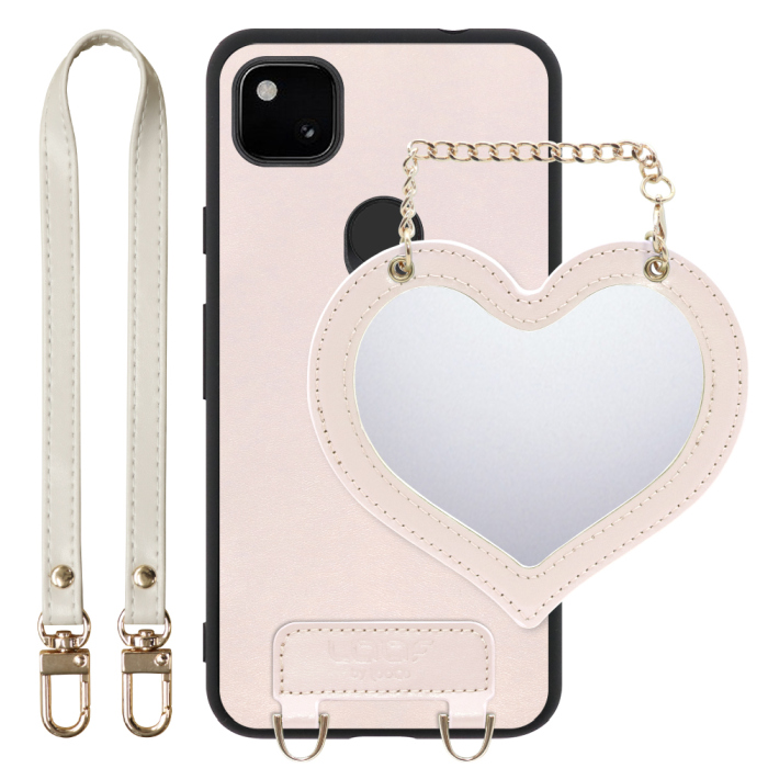 [ LOOF CHARM-SHELL Series ] Google Pixel 4a pixel4a googlepixel4a スマホケース  ハートのミラーチャーム付き シンプル 背面カバー スマホケース ストラップ付 本革 [ Google Pixel 4a ]