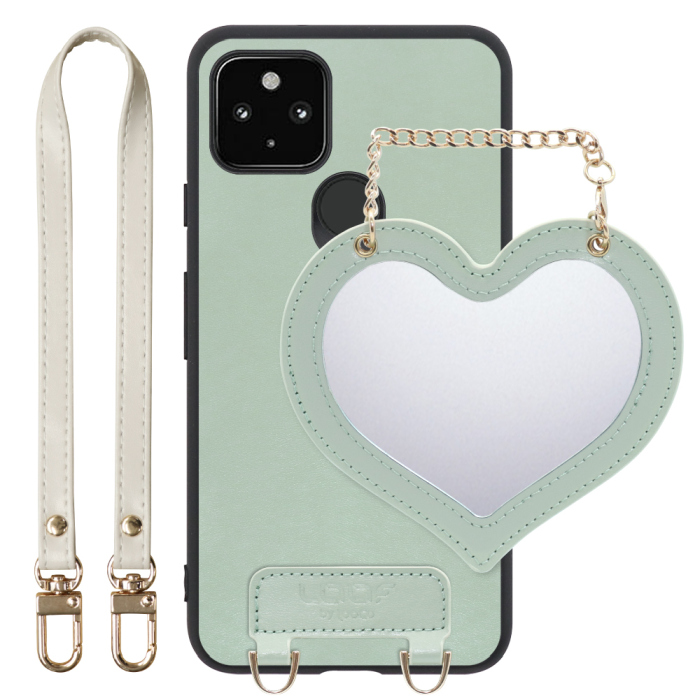 [ LOOF CHARM-SHELL Series ] Google Pixel 4a 5G pixel4a5g googlepixel4a5g スマホケース  ハートのミラーチャーム付き シンプル 背面カバー スマホケース ストラップ付 本革 [ Google Pixel 4a 5G ]