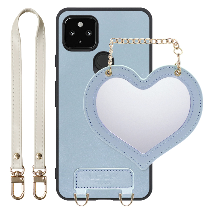 [ LOOF CHARM-SHELL Series ] Google Pixel 5 pixel5 Googlepixel5 スマホケース  ハートのミラーチャーム付き シンプル 背面カバー スマホケース ストラップ付 本革 [ Google Pixel 5 ]
