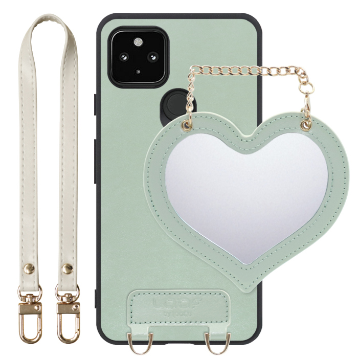 [ LOOF CHARM-SHELL Series ] Google Pixel 5 pixel5 Googlepixel5 スマホケース  ハートのミラーチャーム付き シンプル 背面カバー スマホケース ストラップ付 本革 [ Google Pixel 5 ]