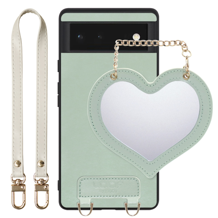 [ LOOF CHARM-SHELL Series ] Google Pixel 6 googlepixel6 pixel6 ピクセル6 スマホケース  ハートのミラーチャーム付き シンプル 背面カバー スマホケース ストラップ付 本革 [ Google Pixel 6 ]