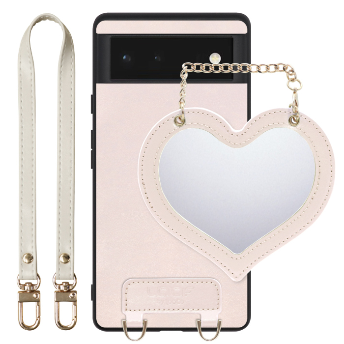 [ LOOF CHARM-SHELL Series ] Google Pixel 6 googlepixel6 pixel6 ピクセル6 スマホケース  ハートのミラーチャーム付き シンプル 背面カバー スマホケース ストラップ付 本革 [ Google Pixel 6 ]