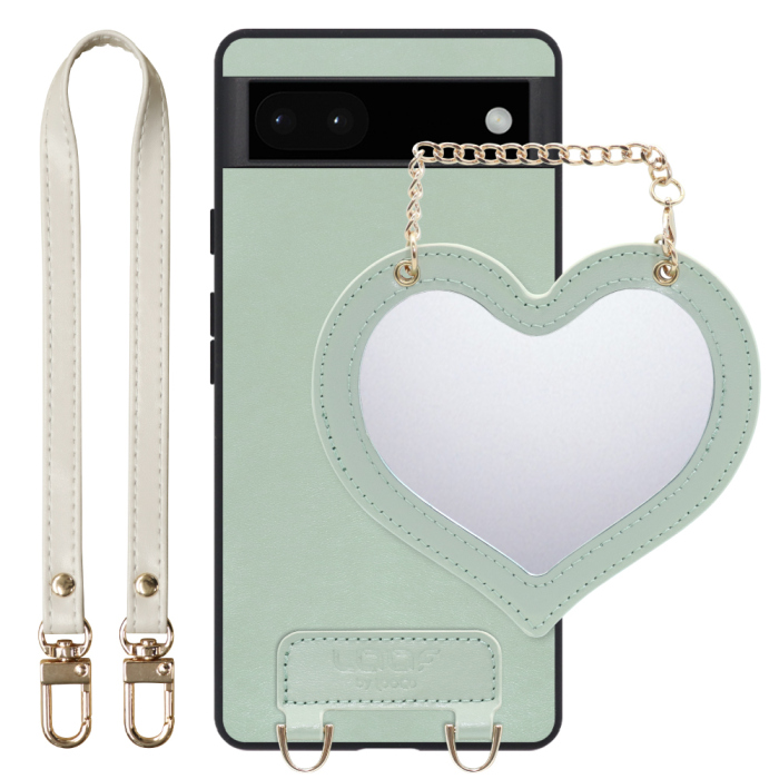 [ LOOF CHARM-SHELL Series ] Google Pixel 6a googlepixel6a pixel6a スマホケース  ハートのミラーチャーム付き シンプル 背面カバー スマホケース ストラップ付 本革 [ Google Pixel 6a ]