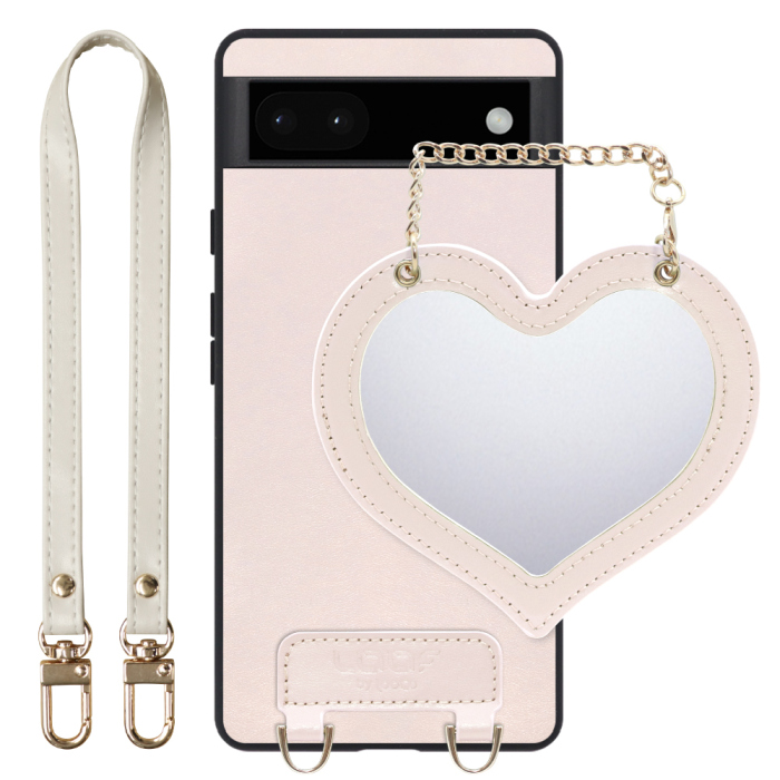 [ LOOF CHARM-SHELL Series ] Google Pixel 6a googlepixel6a pixel6a スマホケース  ハートのミラーチャーム付き シンプル 背面カバー スマホケース ストラップ付 本革 [ Google Pixel 6a ]