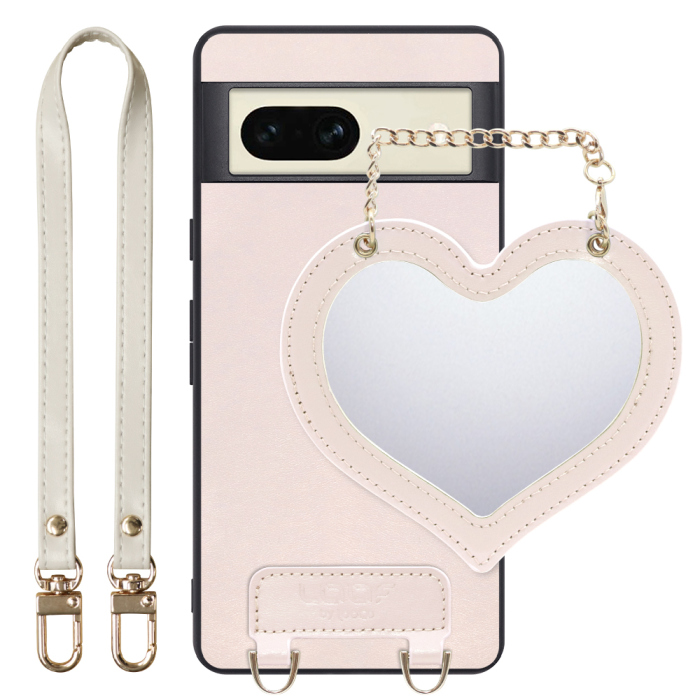 [ LOOF CHARM-SHELL Series ] Google pixel 7 googlepixel7 pixel7 ピクセル7 スマホケース  ハートのミラーチャーム付き シンプル 背面カバー スマホケース ストラップ付 本革 [ Google Pixel 7 ]