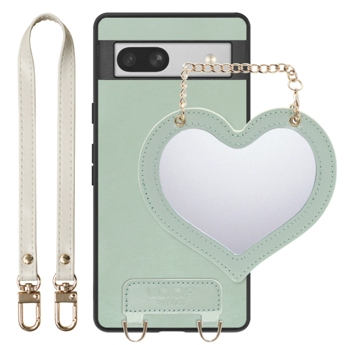 [ LOOF CHARM-SHELL Series ] Google Pixel 7a googlepixel7a pixel7a スマホケース  ハートのミラーチャーム付き シンプル 背面カバー スマホケース ストラップ付 本革 [ Google Pixel 7a ]