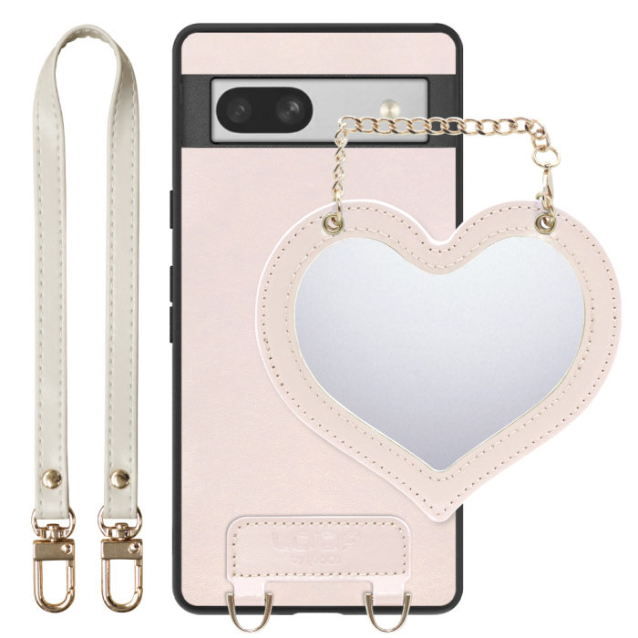 [ LOOF CHARM-SHELL Series ] Google Pixel 7a googlepixel7a pixel7a スマホケース  ハートのミラーチャーム付き シンプル 背面カバー スマホケース ストラップ付 本革 [ Google Pixel 7a ]