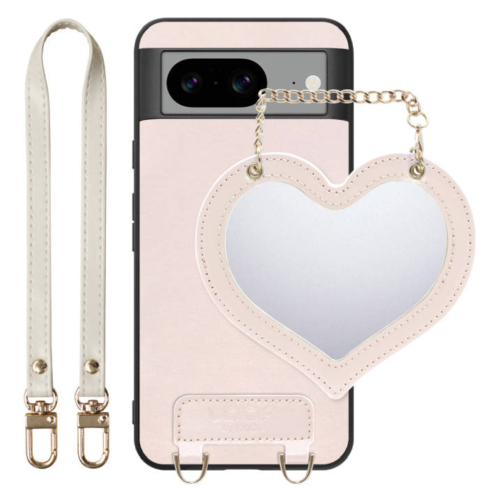 [ LOOF CHARM-SHELL Series ] Google pixel 8 googlepixel8 Pixel8 ピクセル8 スマホケース  ハートのミラーチャーム付き シンプル 背面カバー スマホケース ストラップ付 本革 [ Google Pixel 8 ]