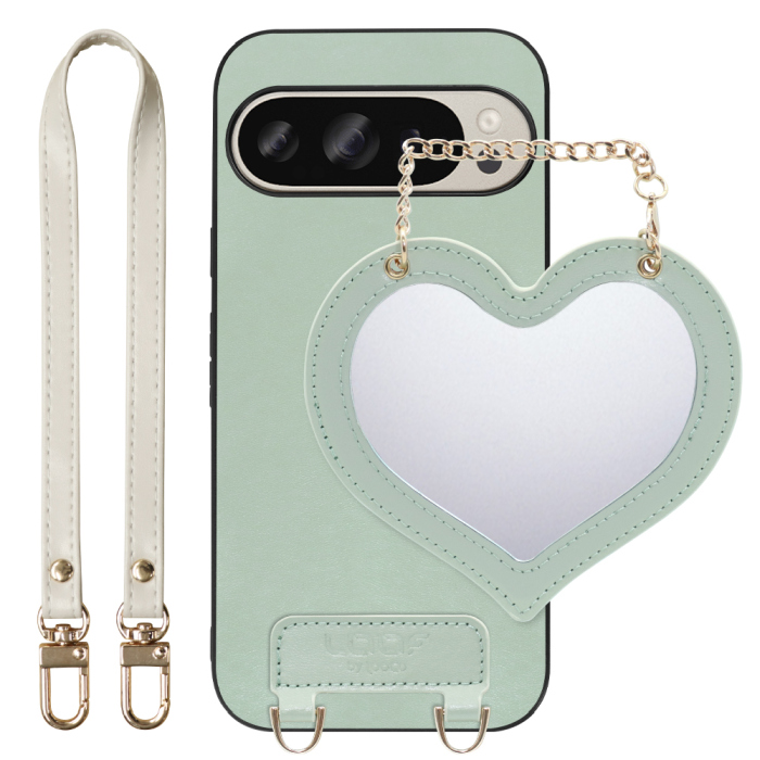 [ LOOF CHARM-SHELL Series ] Google Pixel 9 / 9 Pro Google Pixel9 Pixel9pro ピクセル9 ピクセル9プロ スマホケース  ハートのミラーチャーム付き シンプル 背面カバー スマホケース ストラップ付 本革 [ Google Pixel 9 / 9 Pro ]
