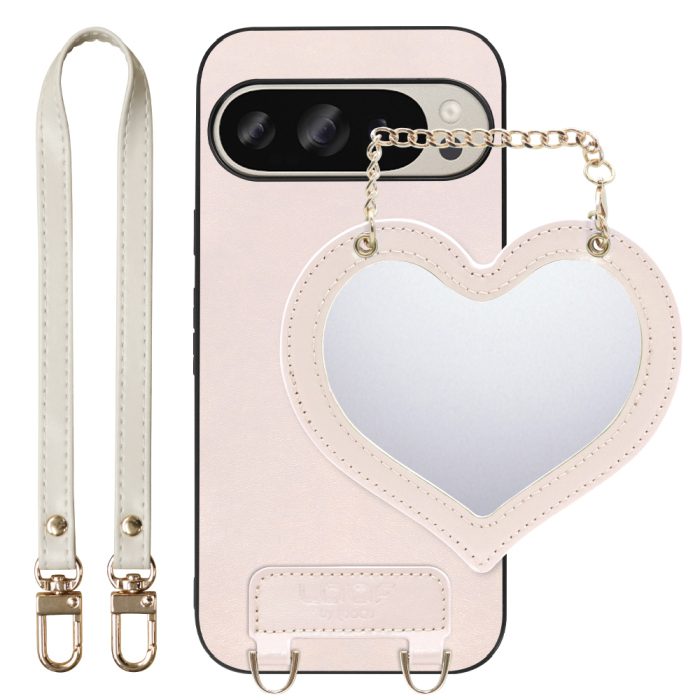 [ LOOF CHARM-SHELL Series ] Google Pixel 9 / 9 Pro Google Pixel9 Pixel9pro ピクセル9 ピクセル9プロ スマホケース  ハートのミラーチャーム付き シンプル 背面カバー スマホケース ストラップ付 本革 [ Google Pixel 9 / 9 Pro ]