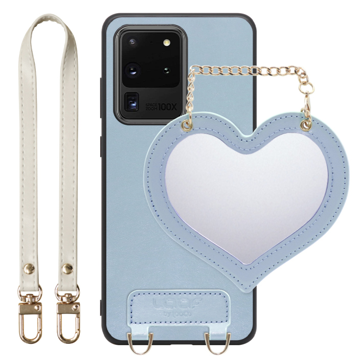 [ LOOF CHARM-SHELL Series ] Galaxy S20 Ultra s20ultra スマホケース  ハートのミラーチャーム付き シンプル 背面カバー スマホケース ストラップ付 本革 [ Galaxy S20 Ultra 5G ]