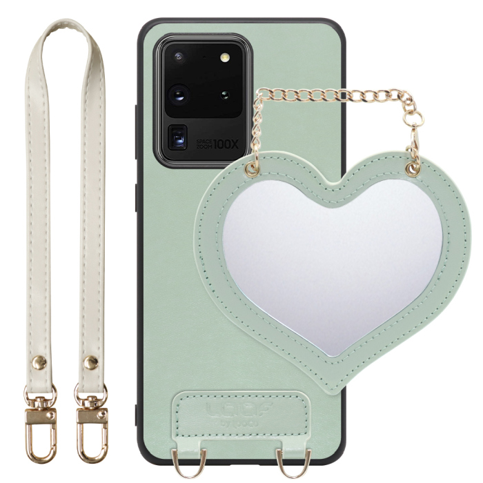 [ LOOF CHARM-SHELL Series ] Galaxy S20 Ultra s20ultra スマホケース  ハートのミラーチャーム付き シンプル 背面カバー スマホケース ストラップ付 本革 [ Galaxy S20 Ultra 5G ]
