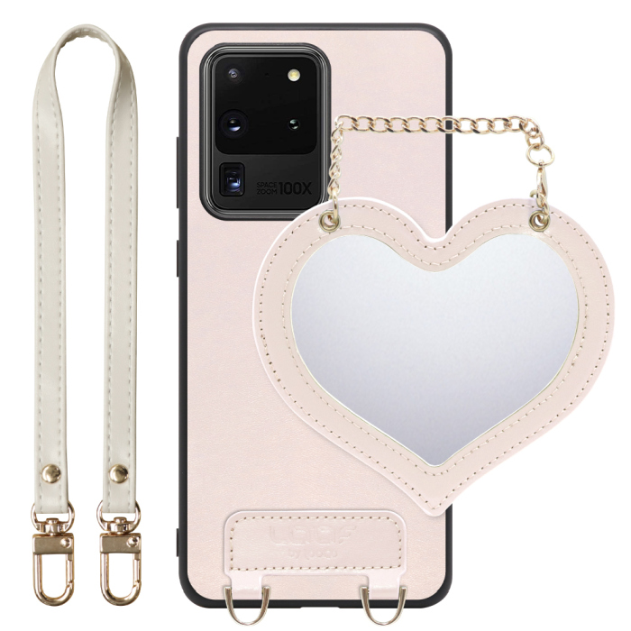 [ LOOF CHARM-SHELL Series ] Galaxy S20 Ultra s20ultra スマホケース  ハートのミラーチャーム付き シンプル 背面カバー スマホケース ストラップ付 本革 [ Galaxy S20 Ultra 5G ]