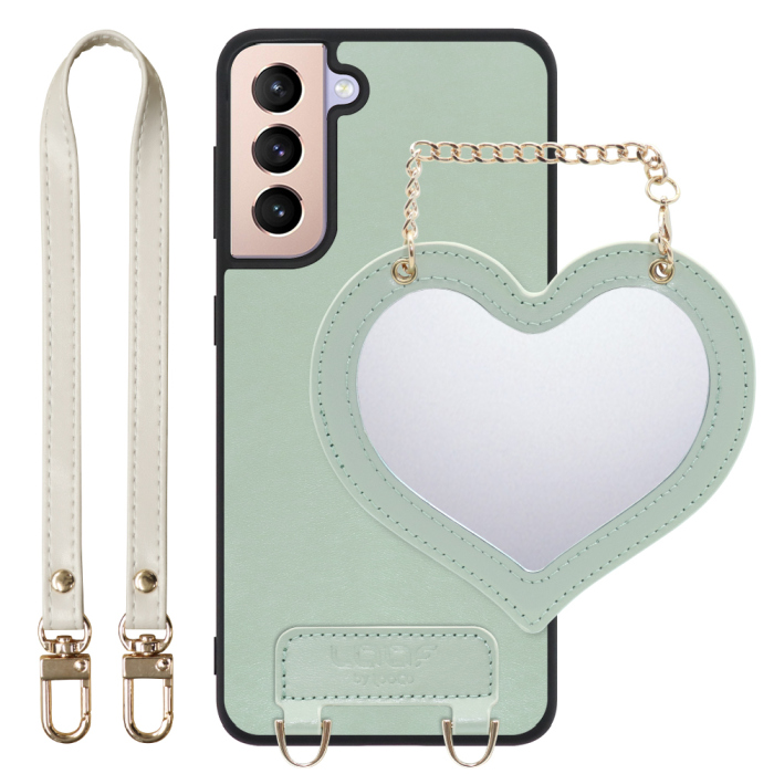 [ LOOF CHARM-SHELL Series ] Galaxy S21+ 5G SCG10 s21plus s21 plus s21plus5g s21+5g スマホケース  ハートのミラーチャーム付き シンプル 背面カバー スマホケース ストラップ付 本革 [ Galaxy S21+ 5G ]