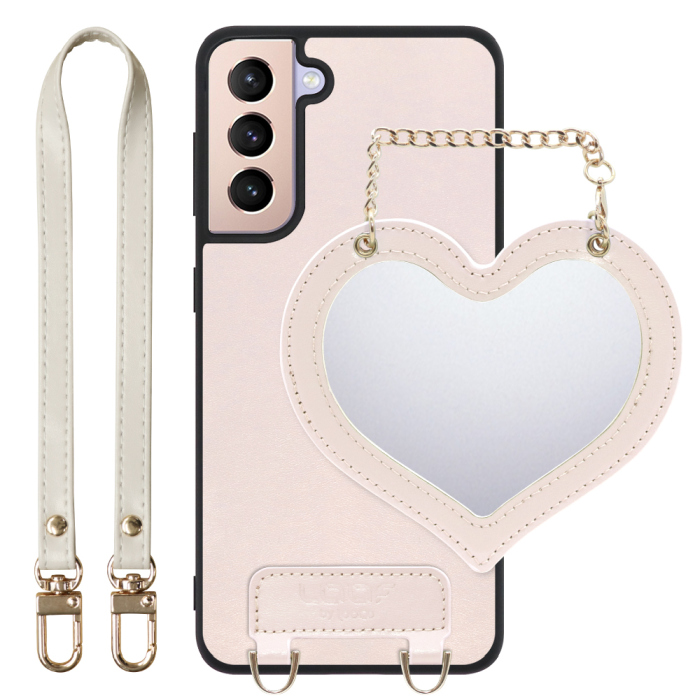 [ LOOF CHARM-SHELL Series ] Galaxy S21+ 5G SCG10 s21plus s21 plus s21plus5g s21+5g スマホケース  ハートのミラーチャーム付き シンプル 背面カバー スマホケース ストラップ付 本革 [ Galaxy S21+ 5G ]