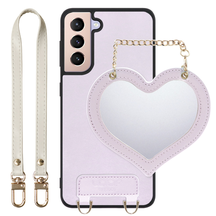 [ LOOF CHARM-SHELL Series ] Galaxy S21+ 5G SCG10 s21plus s21 plus s21plus5g s21+5g スマホケース  ハートのミラーチャーム付き シンプル 背面カバー スマホケース ストラップ付 本革 [ Galaxy S21+ 5G ]