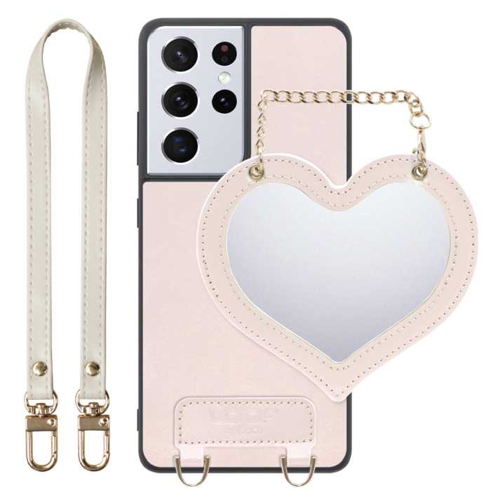 [ LOOF CHARM-SHELL Series ] Galaxy S21 Ultra 5G SC-52B s21ultra5g s21ultra スマホケース  ハートのミラーチャーム付き シンプル 背面カバー スマホケース ストラップ付 本革 [ Galaxy S21 Ultra 5G ]