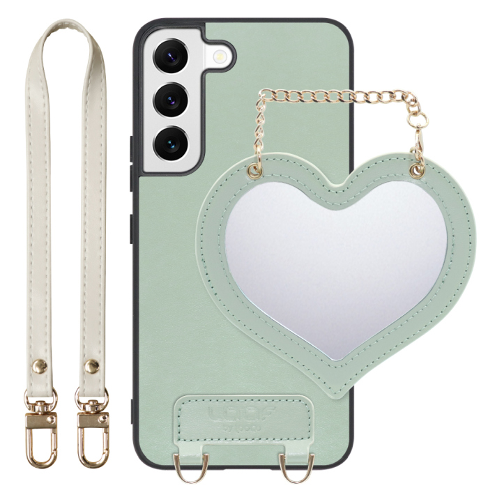 [ LOOF CHARM-SHELL Series ] Galaxy S22 SC-51C / SCG13  スマホケース  ハートのミラーチャーム付き シンプル 背面カバー スマホケース ストラップ付 本革 [ Galaxy S22 ]