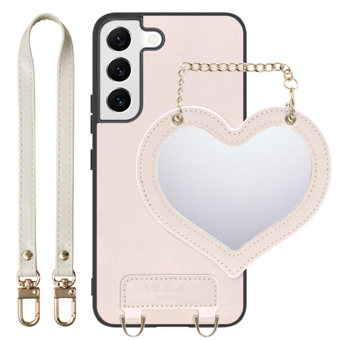 [ LOOF CHARM-SHELL Series ] Galaxy S22 SC-51C / SCG13  スマホケース  ハートのミラーチャーム付き シンプル 背面カバー スマホケース ストラップ付 本革 [ Galaxy S22 ]