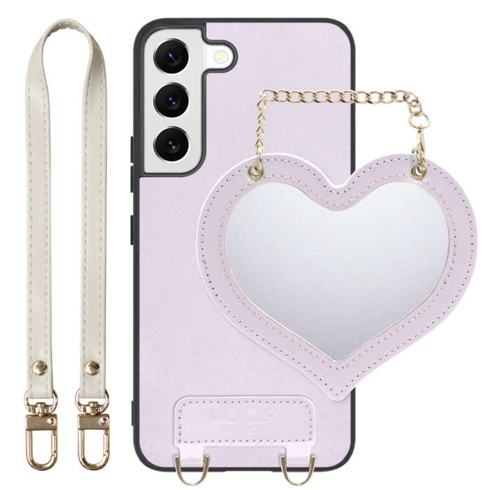[ LOOF CHARM-SHELL Series ] Galaxy S22 SC-51C / SCG13  スマホケース  ハートのミラーチャーム付き シンプル 背面カバー スマホケース ストラップ付 本革 [ Galaxy S22 ]