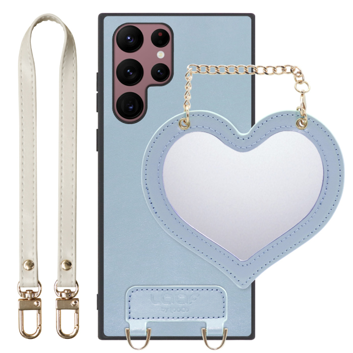 [ LOOF CHARM-SHELL Series ] Galaxy S22 Ultra SC-52C / SCG14 s22ultra スマホケース  ハートのミラーチャーム付き シンプル 背面カバー スマホケース ストラップ付 本革 [ Galaxy S22 Ultra ]