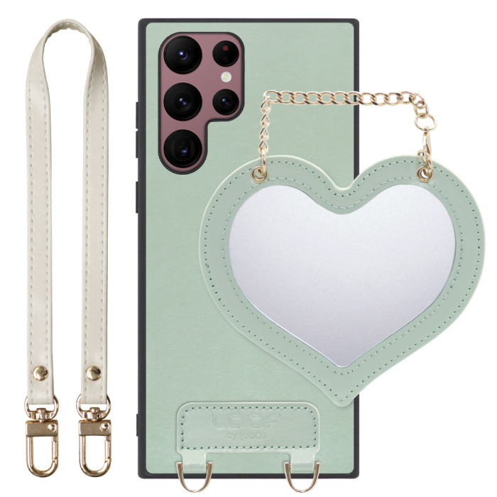 [ LOOF CHARM-SHELL Series ] Galaxy S22 Ultra SC-52C / SCG14 s22ultra スマホケース  ハートのミラーチャーム付き シンプル 背面カバー スマホケース ストラップ付 本革 [ Galaxy S22 Ultra ]