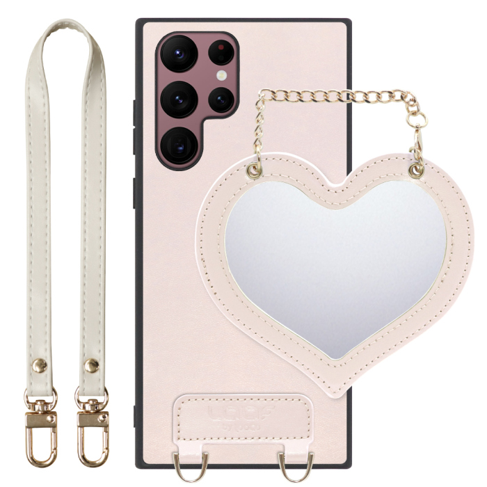 [ LOOF CHARM-SHELL Series ] Galaxy S22 Ultra SC-52C / SCG14 s22ultra スマホケース  ハートのミラーチャーム付き シンプル 背面カバー スマホケース ストラップ付 本革 [ Galaxy S22 Ultra ]