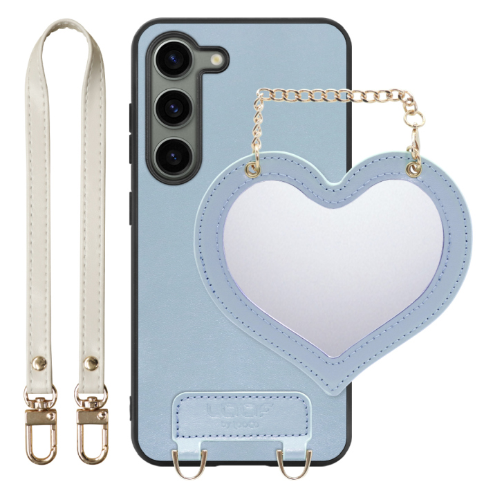 [ LOOF CHARM-SHELL Series ] Galaxy S23  スマホケース  ハートのミラーチャーム付き シンプル 背面カバー スマホケース ストラップ付 本革 [ Galaxy S23 ]