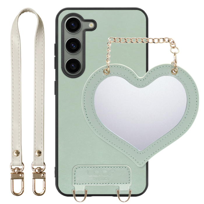 [ LOOF CHARM-SHELL Series ] Galaxy S23  スマホケース  ハートのミラーチャーム付き シンプル 背面カバー スマホケース ストラップ付 本革 [ Galaxy S23 ]