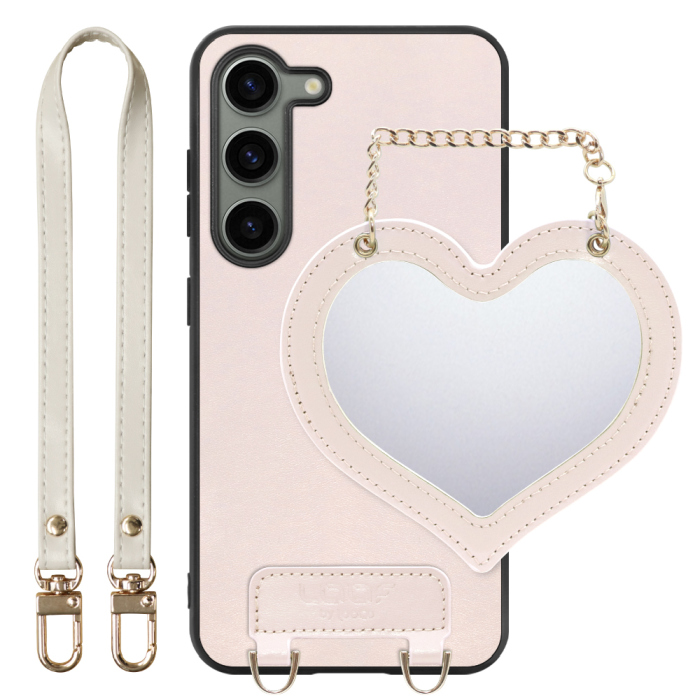 [ LOOF CHARM-SHELL Series ] Galaxy S23  スマホケース  ハートのミラーチャーム付き シンプル 背面カバー スマホケース ストラップ付 本革 [ Galaxy S23 ]