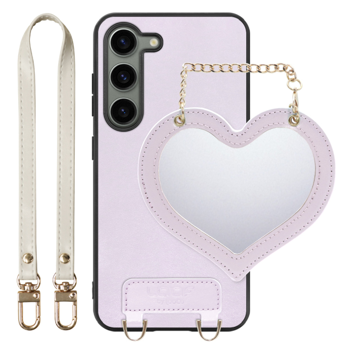 [ LOOF CHARM-SHELL Series ] Galaxy S23  スマホケース  ハートのミラーチャーム付き シンプル 背面カバー スマホケース ストラップ付 本革 [ Galaxy S23 ]