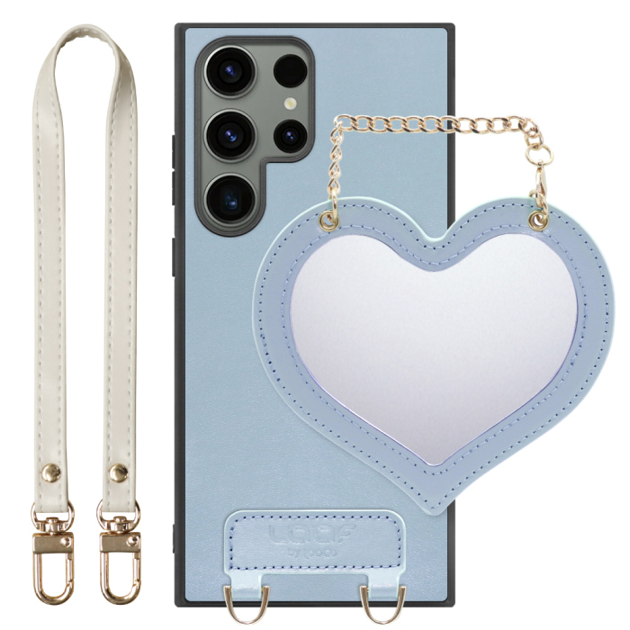[ LOOF CHARM-SHELL Series ] Galaxy S23 Ultra s23ultra スマホケース  ハートのミラーチャーム付き シンプル 背面カバー スマホケース ストラップ付 本革 [ Galaxy S23 Ultra ]